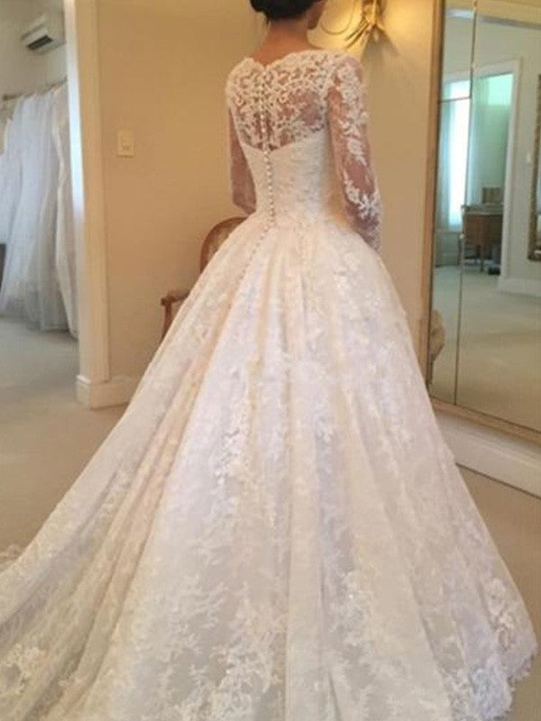 Gown Ruffles Scoop Ball Train Long Cathedral Sleeves Lace Wedding Dresses