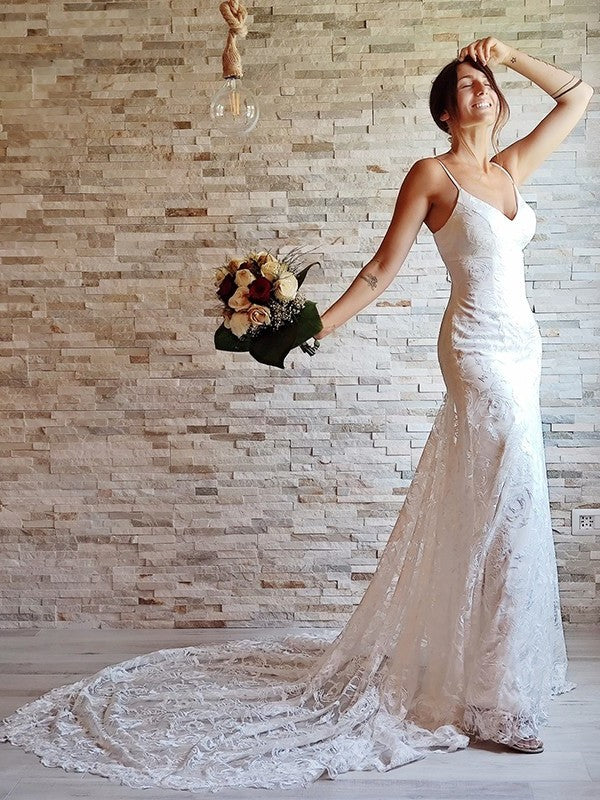 Lace Applique Sleeveless Sheath/Column Court Straps Spaghetti Train Wedding Dresses