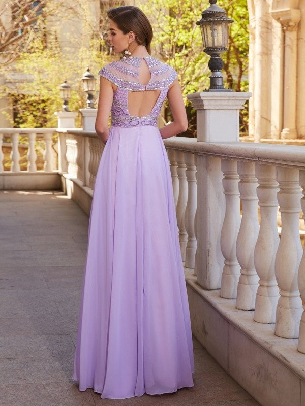 Short A-Line/Princess Scoop Floor-Length Sleeves Beading Chiffon Dresses