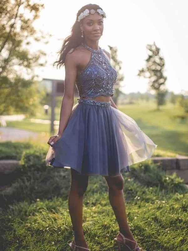 Tulle Halter Short Cut With A-Line Beading Silver Homecoming Dresses