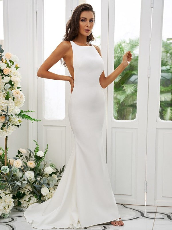 Square Ruffles Sweep/Brush Sleeveless Crepe Stretch Sheath/Column Train Bridesmaid Dresses