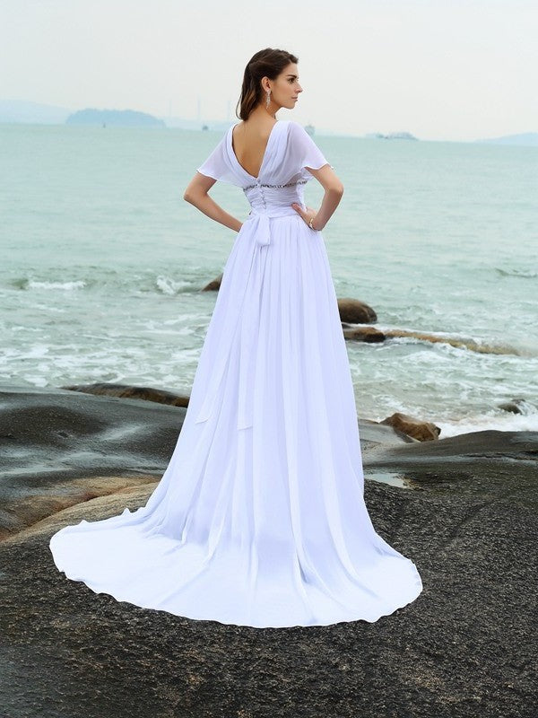 Ruffles Long Short Sleeves A-Line/Princess Chiffon V-neck Beach Wedding Dresses