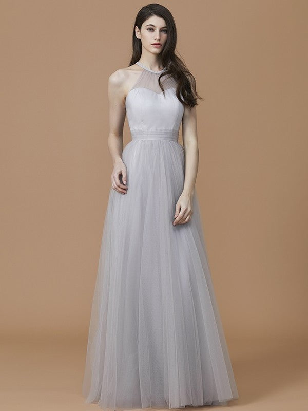 Halter Sleeveless Ruffles Floor-Length A-Line/Princess Tulle Bridesmaid Dresses