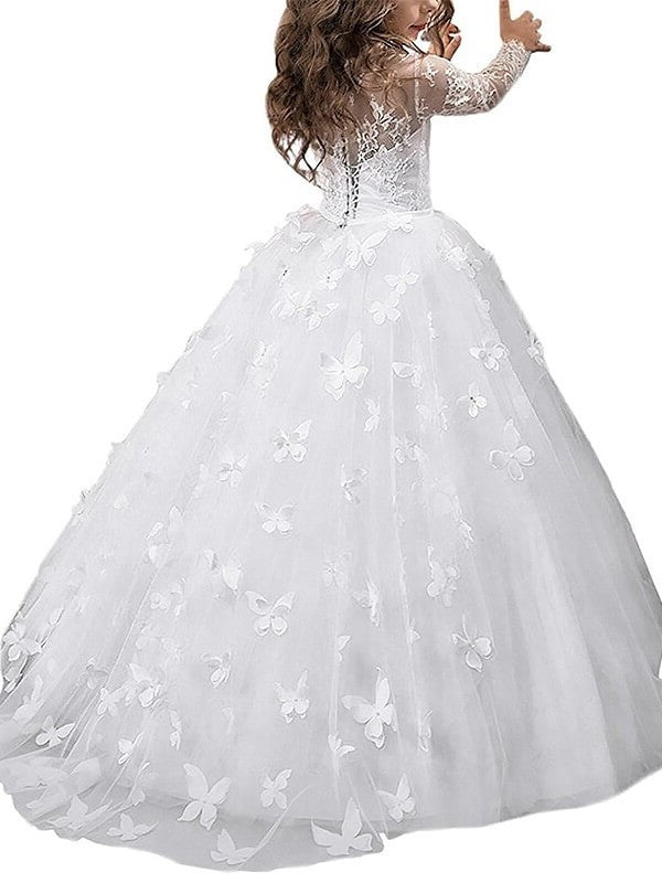 Long Tulle Scoop Floor-Length Gown Ball Sleeves Flower Girl Dresses