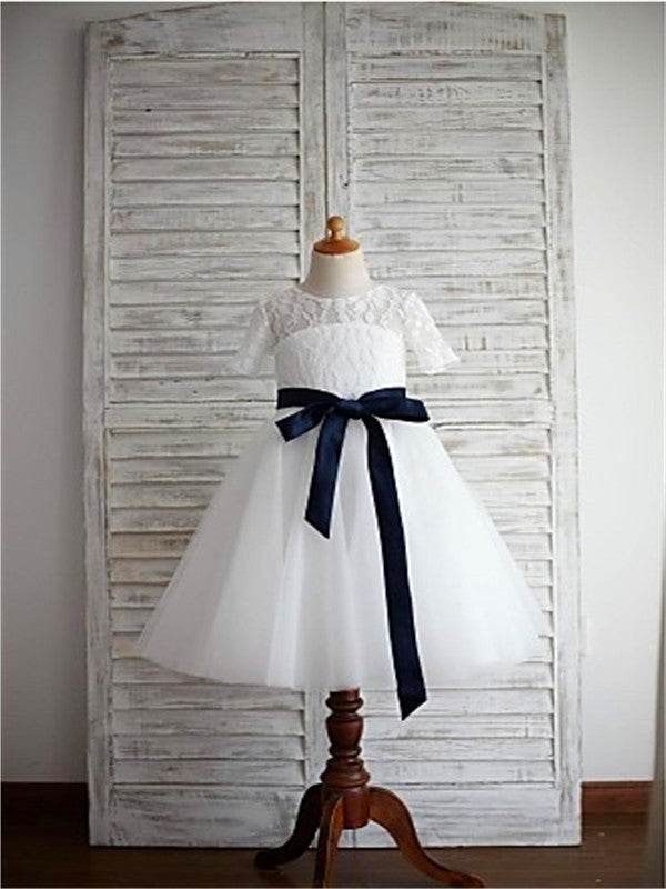 Tea-Length Scoop Tulle Sleeves A-line/Princess 1/2 Sash/Ribbon/Belt Flower Girl Dresses