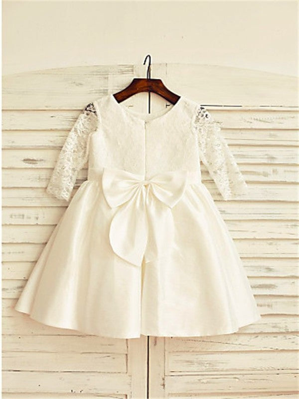 Lace Jewel Long Sleeves Tea-Length Satin A-line/Princess Flower Girl Dresses