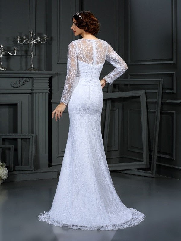 Scoop Sleeves Sheath/Column Lace Long Long Satin Wedding Dresses