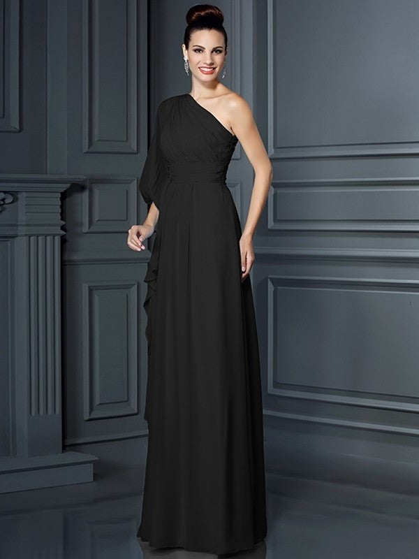 3/4 Sheath/Column Long One-Shoulder Sleeves Chiffon Bridesmaid Dresses