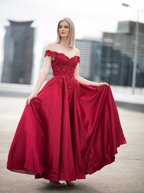 Off-the-Shoulder Satin Ball Applique Gown Sleeveless Floor-Length Dresses