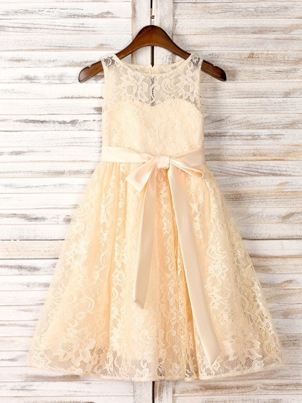 Lace Sash/Ribbon/Belt Scoop Sleeveless Tea-Length A-Line/Princess Flower Girl Dresses