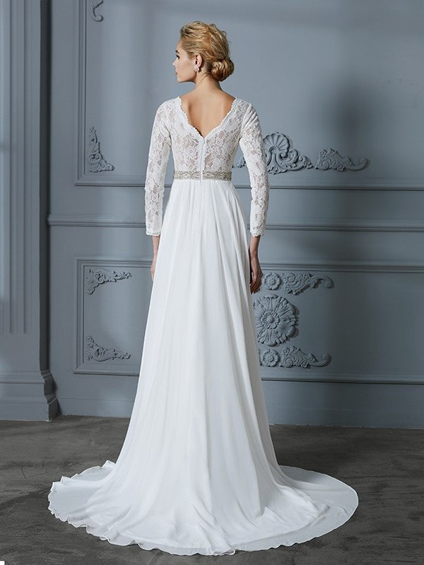 Sweep/Brush A-Line/Princess V-neck Lace Sleeves 3/4 Train Chiffon Wedding Dresses