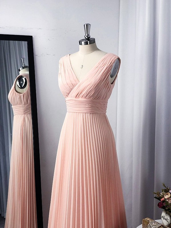 Floor-Length A-Line/Princess V-neck Chiffon Sleeveless Ruffles Dresses