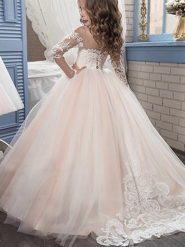 Gown Long Sweep/Brush Train Scoop Ball Tulle Sleeves Flower Girl Dresses