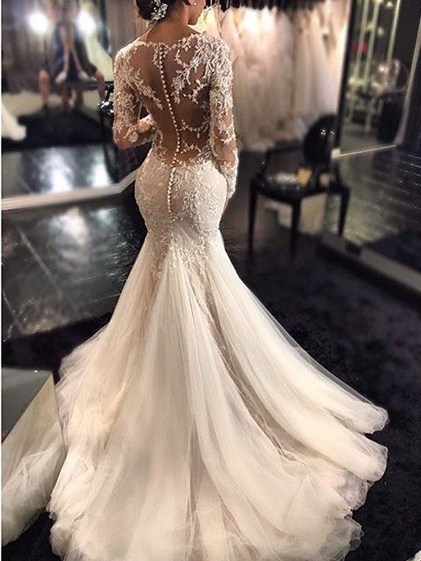 Trumpet/Mermaid Sleeves Train Long V-neck Court Lace Tulle Wedding Dresses