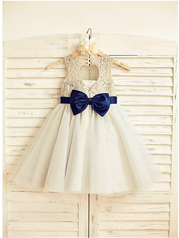 Tea-Length Tulle Sleeveless Scoop A-line/Princess Lace Flower Girl Dresses