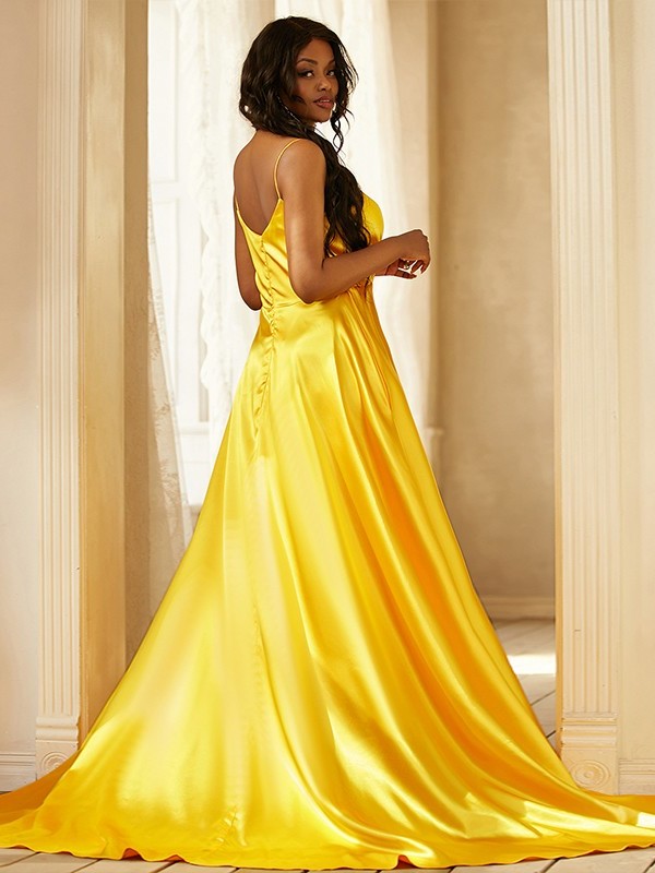 V-neck Sleeveless like Silk A-Line/Princess Ruched Satin Sweep/Brush Train Dresses