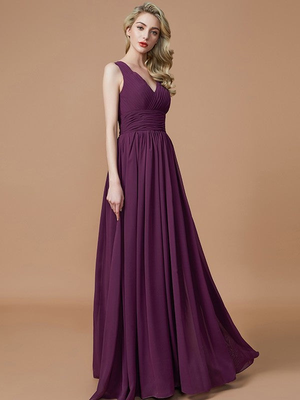 V-neck A-Line/Princess Floor-Length Sleeveless Chiffon Bridesmaid Dresses