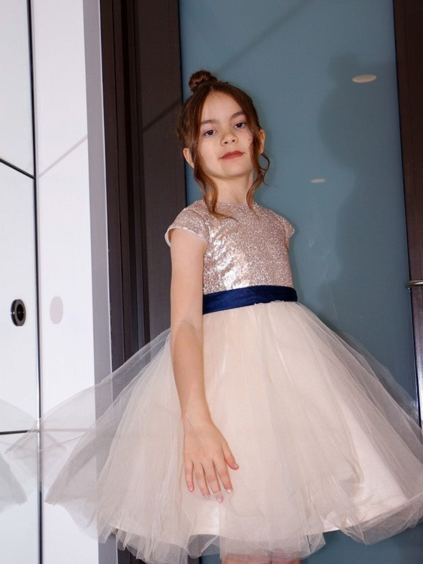 Short Sash/Ribbon/Belt Knee-Length Scoop A-Line/Princess Sleeves Tulle Flower Girl Dresses