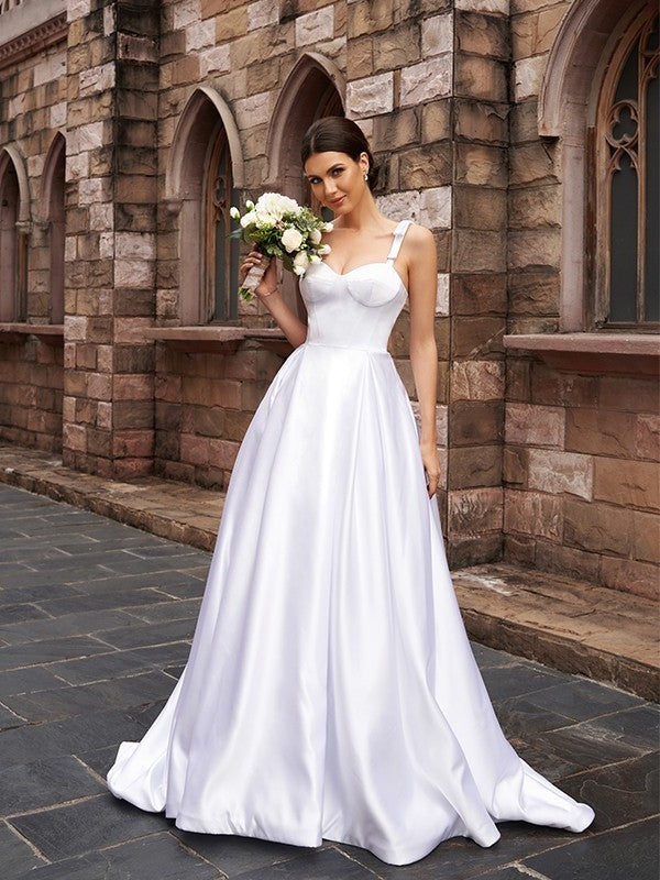 Straps A-Line/Princess Ruffles Satin Sleeveless Sweep/Brush Train Wedding Dresses