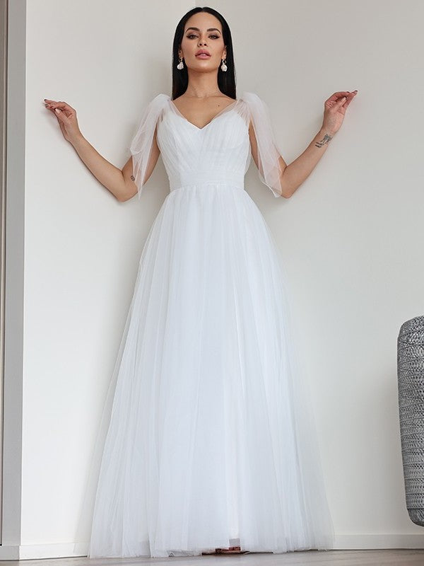 V-neck Sleeveless A-Line/Princess Ruffles Tulle Floor-Length Wedding Dresses