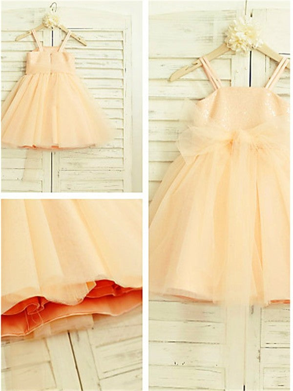 Tulle Sequin Spaghetti Sleeveless Tea-Length A-line/Princess Straps Flower Girl Dresses