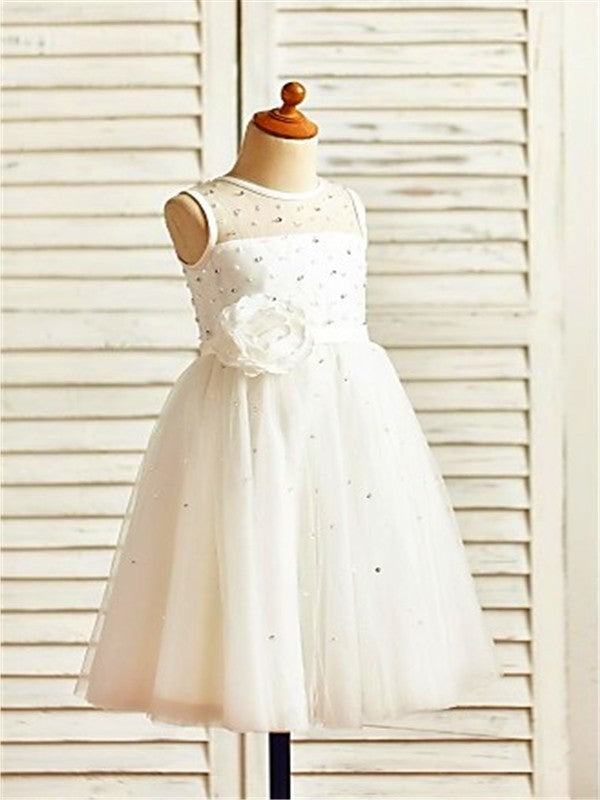 Scoop Hand-made Tulle A-line/Princess Tea-Length Flower Sleeveless Flower Girl Dresses