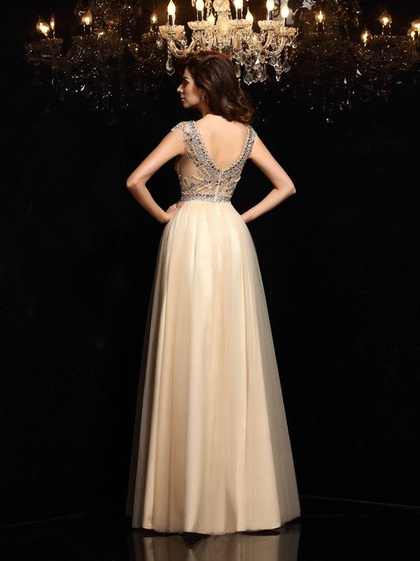 A-Line/Princess Sleeveless Scoop Beading Long Net Dresses