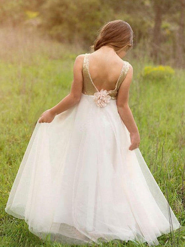 Sleeveless Tulle Sequin Scoop Floor-Length A-Line/Princess Flower Girl Dresses