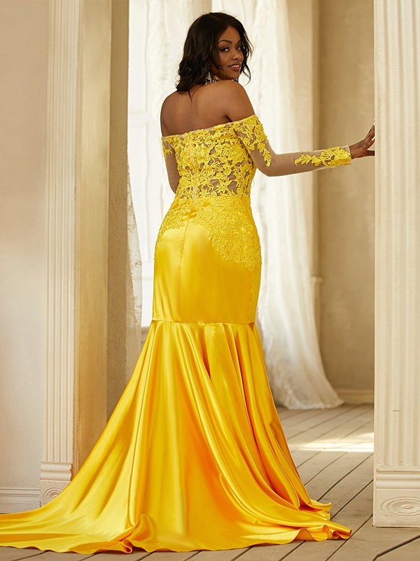 Satin Applique Sleeves Elastic Off-the-Shoulder Woven Long Trumpet/Mermaid Sweep/Brush Train Dresses