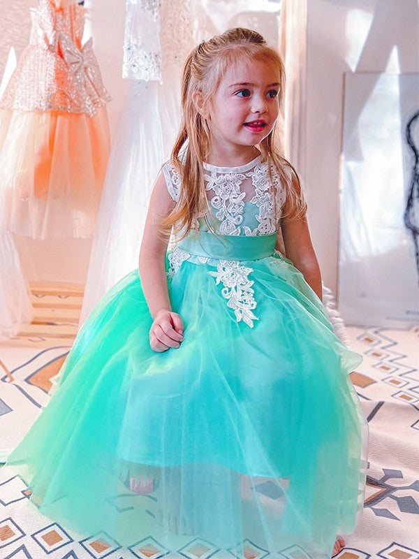 Sleeveless Tulle Knee-Length Scoop Applique A-Line/Princess Flower Girl Dresses