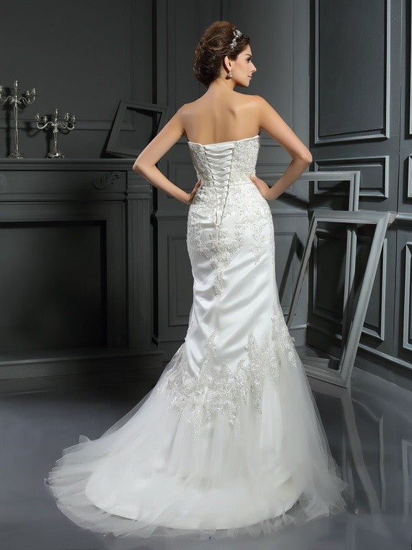 Straps Trumpet/Mermaid Long Applique Sleeveless Satin Wedding Dresses