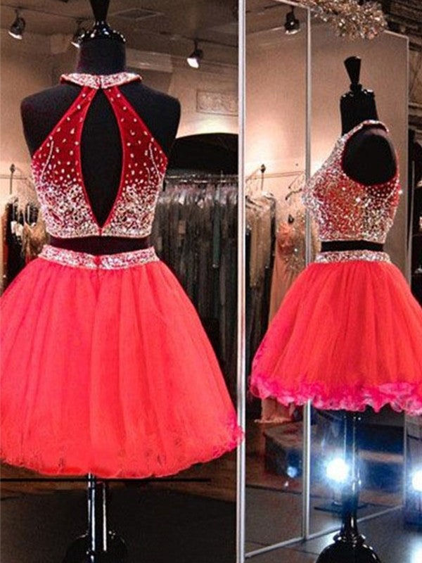 A-Line/Princess Sleeveless Homecoming Dresses Halter Tulle Beading Short/Mini Elise Two Piece Dresses