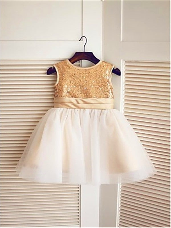 Tulle Sleeveless A-line/Princess Knee-Length Sequin Scoop Flower Girl Dresses