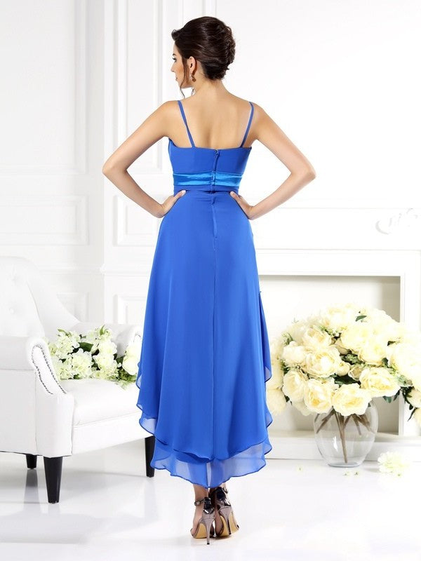 Straps Sleeveless Spaghetti Low High Ruffles A-Line/Princess Chiffon Bridesmaid Dresses