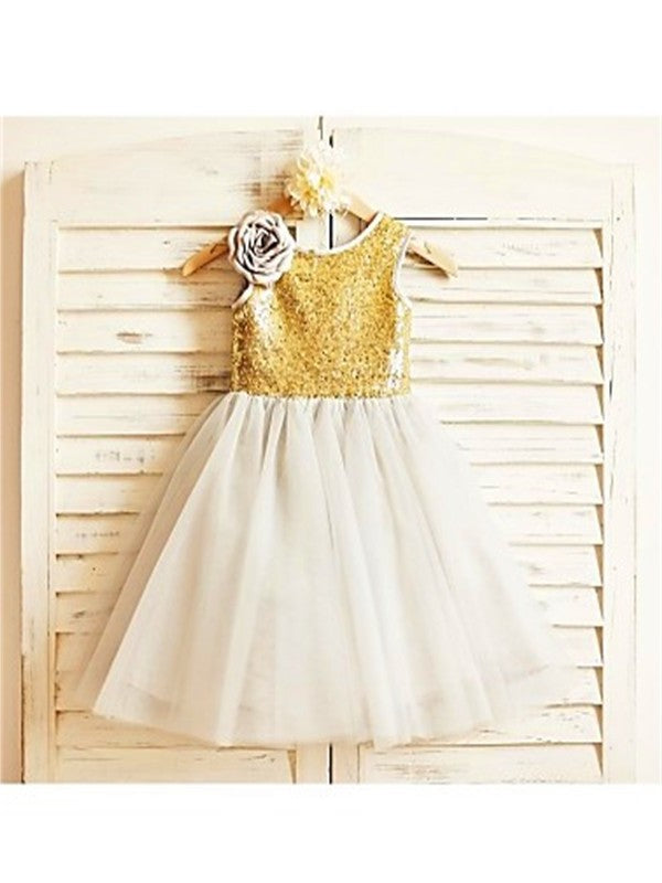 Sleeveless Sequin Scoop Tulle Tea-Length A-line/Princess Flower Girl Dresses