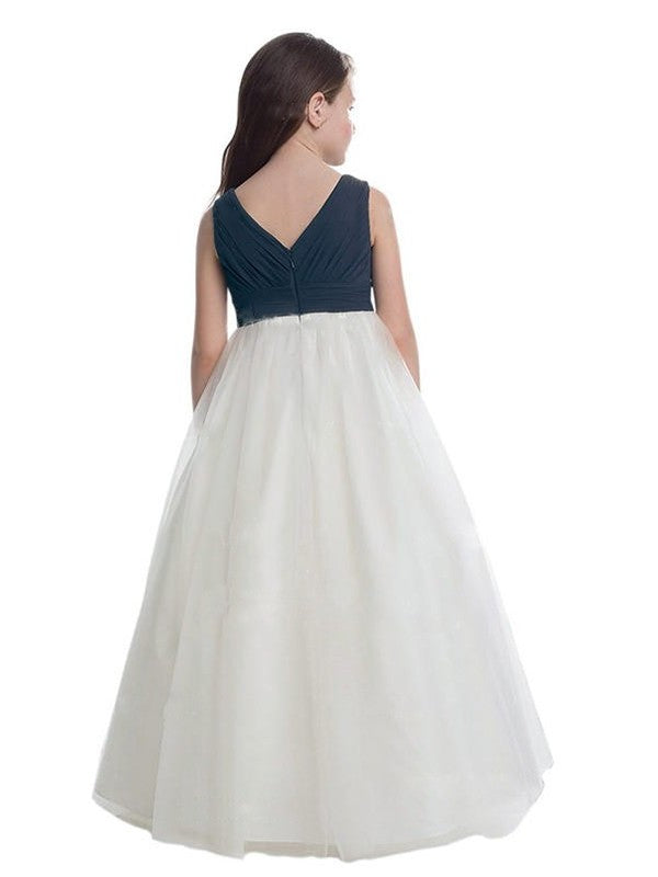 Sleeveless A-Line/Princess Floor-Length Ruched V-neck Tulle Flower Girl Dresses