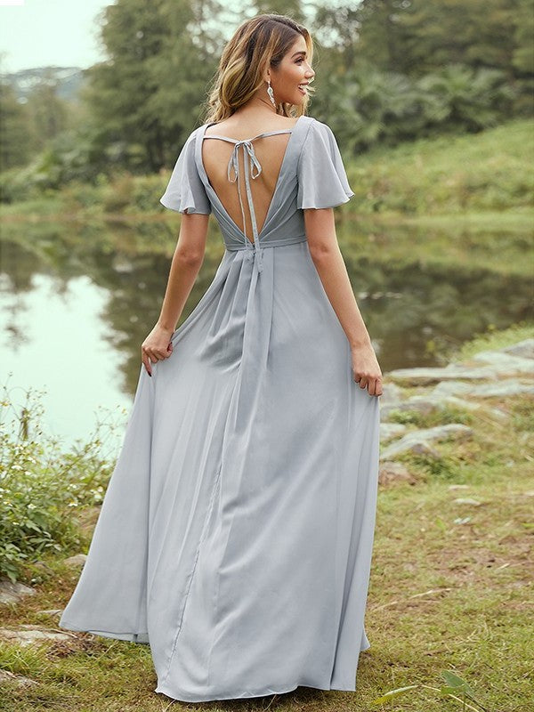 V-neck A-Line/Princess Short Chiffon Ruffles Sleeves Floor-Length Bridesmaid Dresses