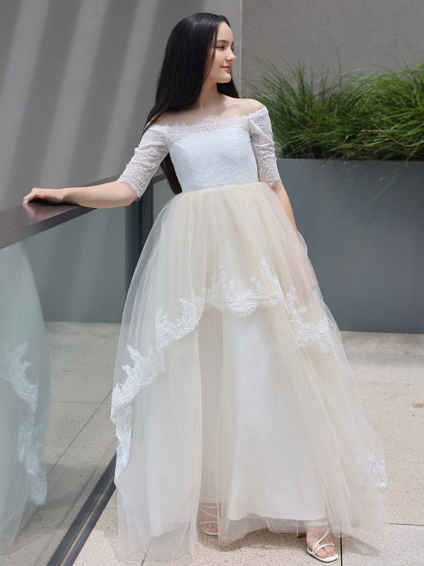 Train Lace Off-the-Shoulder A-Line/Princess Sleeves Ruffles Sweep/Brush 1/2 Junior/Girls Bridesmaid Dresses