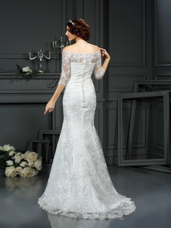 1/2 Sleeves Long Off-the-Shoulder Lace Sheath/Column Lace Wedding Dresses