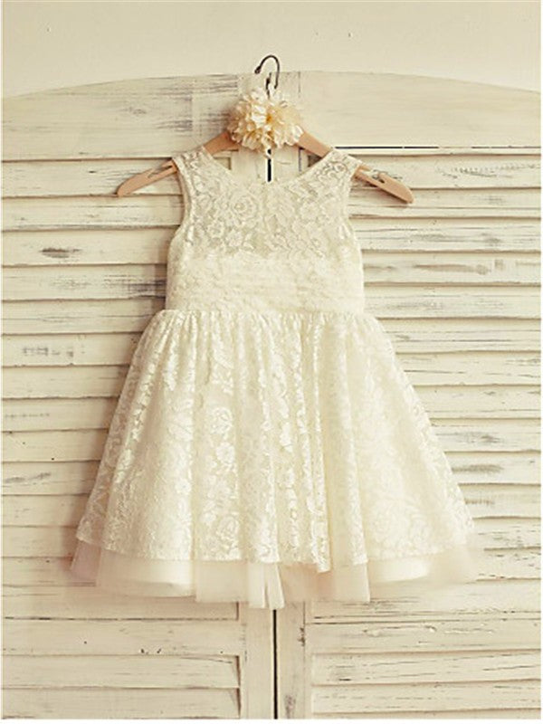 Tea-Length Lace Sleeveless A-line/Princess Scoop Ruffles Flower Girl Dresses