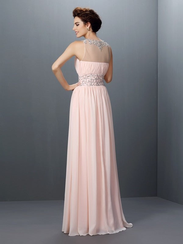 A-Line/Princess V-neck Beading Sleeveless Long Chiffon Dresses