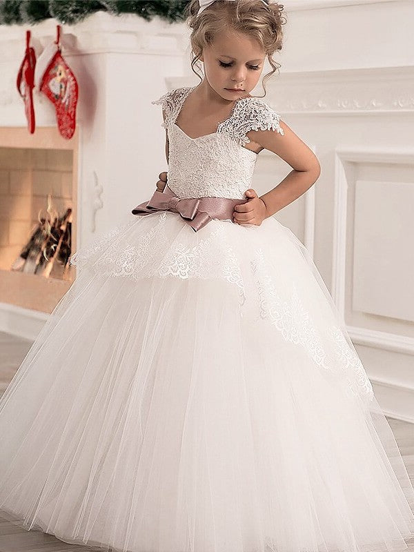 Tulle Ball Floor-Length Straps Sleeveless Gown Sash/Ribbon/Belt Flower Girl Dresses