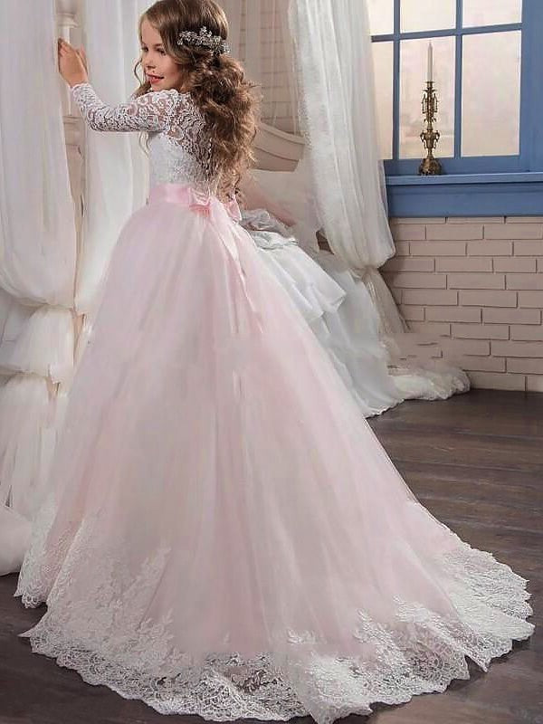 Tulle Lace Long Ball Gown Train Jewel Sleeves Sweep/Brush Flower Girl Dresses