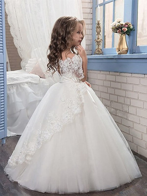 Sleeves Applique Ball Gown Off-the-Shoulder Short Tulle Floor-Length Flower Girl Dresses