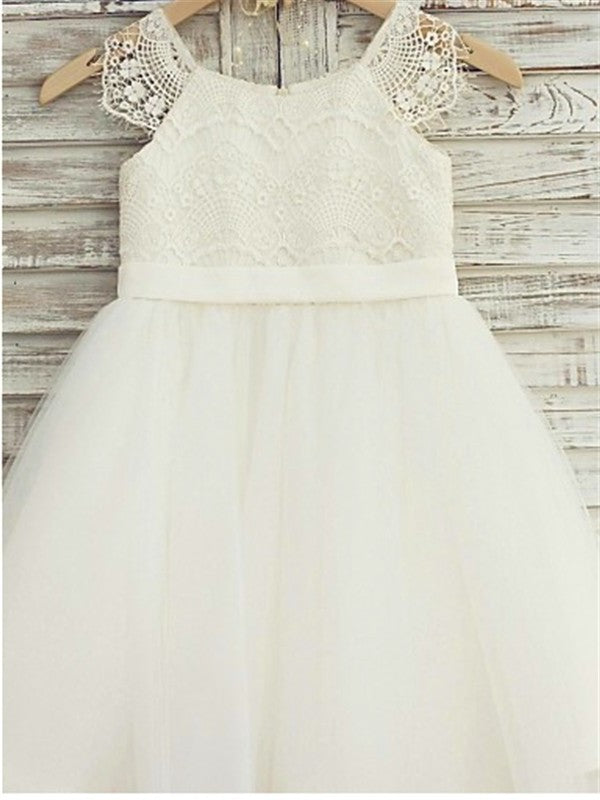 A-line/Princess Knee-Length Sleeveless Lace Scoop Tulle Flower Girl Dresses