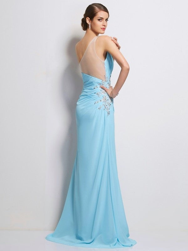 Beading One-Shoulder Sleeveless Sheath/Column Long Chiffon Dresses