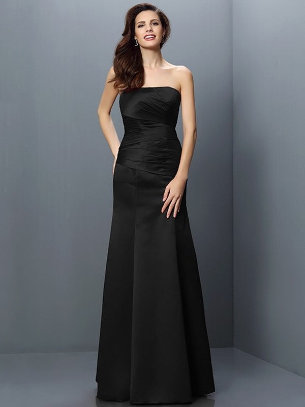 Strapless Pleats Long Sleeveless Sheath/Column Satin Bridesmaid Dresses