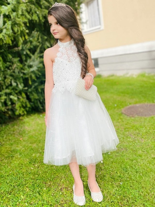 Sleeveless A-Line/Princess Halter Knee-Length Tulle Lace Flower Girl Dresses