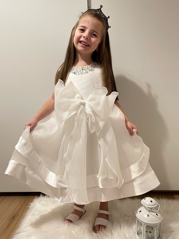 Satin Jewel Sleeveless Tea-Length A-Line/Princess Bowknot Flower Girl Dresses