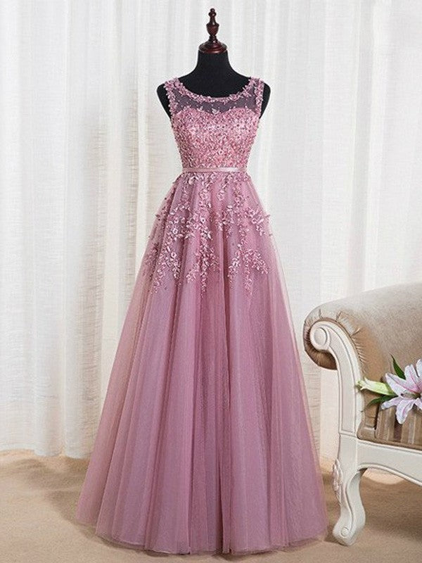 Sleeveless A-Line/Princess Scoop Floor-Length Tulle Beading Dresses